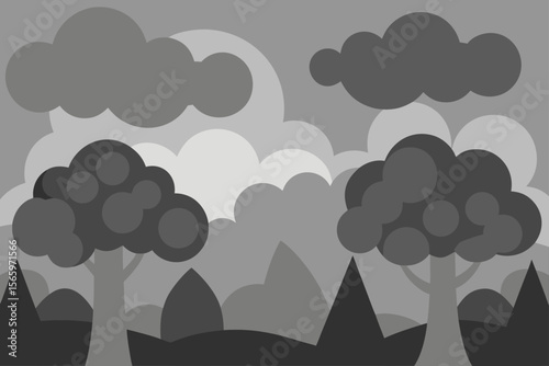 Colorful nature landscape illustration with trees, clouds, and a bright sky