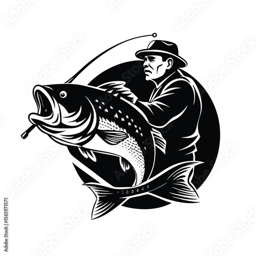 Fishing club emblem. Outdoor sports lifestyle concept. Great fish catch, sketch vector illustration