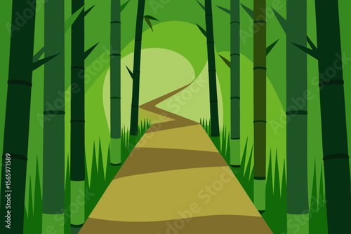 Green bamboo forest in the morning with natural light creating a serene pattern of columns and leaves
