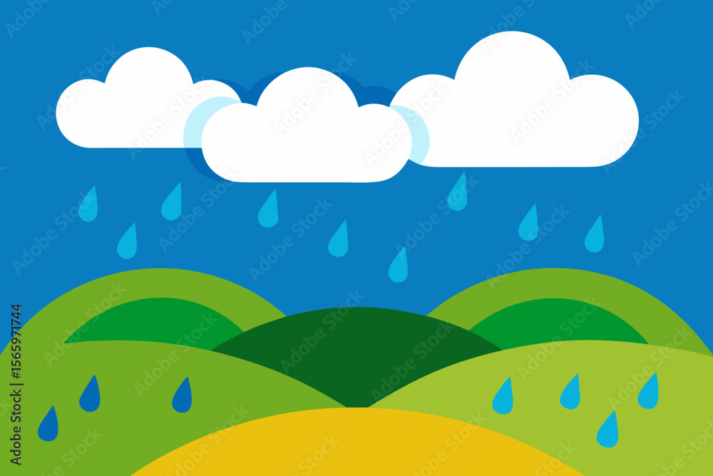 Obraz premium Colorful cartoon landscape with clouds, sun, and rainbow over green hills and field with trees and flowers