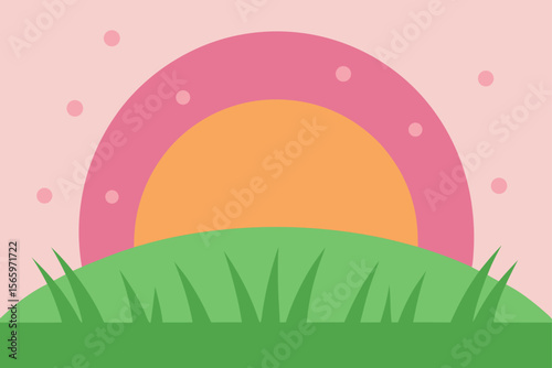 A vibrant cartoon illustration of Easter eggs nestled in the green grass of a spring meadow under a rainbow sky with fluffy clouds and a shining sun