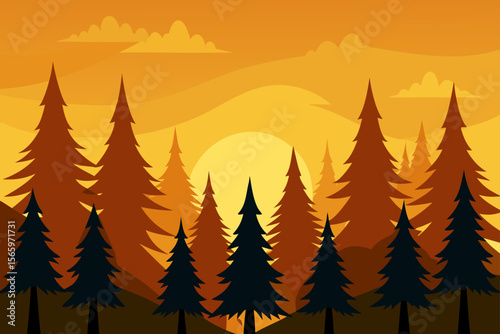 Autumn forest vector with green pine trees and snow, perfect for a winter holiday celebration illustration