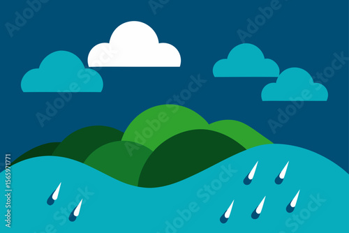 A vibrant vector illustration of a cloud computing concept, set against a blue sky with a summer landscape, featuring green fields and distant mountains