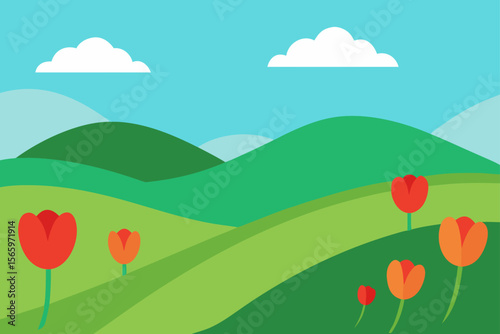 Colorful spring and summer meadow landscapes with flowers, green hills, and blue sky with clouds
