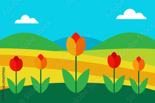 Spring landscape with colorful tulips in a sunny meadow under a blue sky with clouds