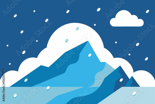 A vector illustration of a cold winter landscape with snow-covered mountains under a blue sky, reflecting the serene nature of the icy scene