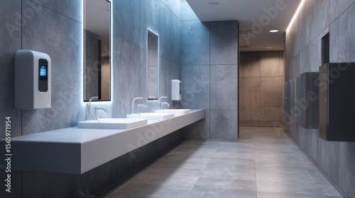 Modern commercial bathroom interior with sinks mirrors and contemporary design