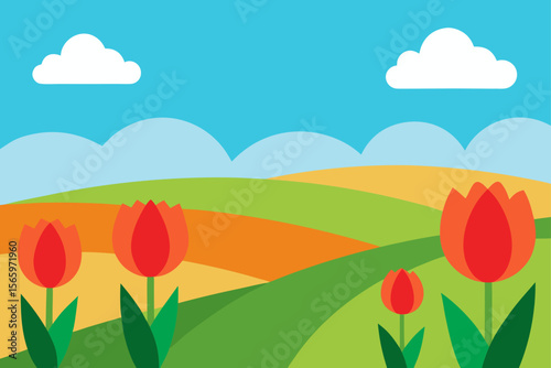 Rolling green hills under a blue sky, dotted with vibrant spring tulips and wildflowers, capture the serene beauty of a rural summer meadow