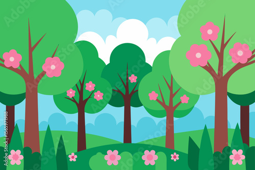 Spring nature landscape with apple trees, flowers, and a blue sky meadow