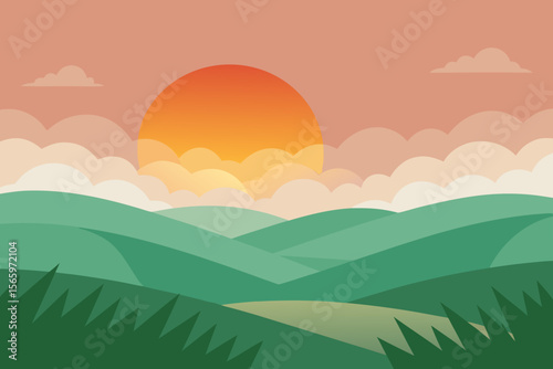 A beautiful scenery of the sunrise with a touch of orange light casting its rays on the green rolling hills 