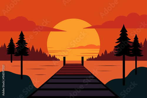 A sunset scene at a lakeside dock with the silhouette of trees