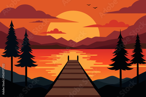 A breathtaking sunset scene featuring a wooden pier, creating a beautiful reflection on the calm water