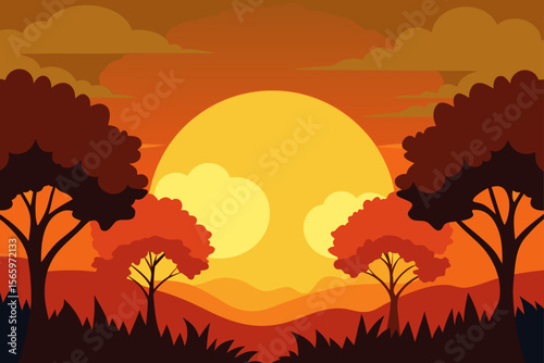 A vibrant sunset landscape featuring silhouette trees and golden sunlight over the horizon