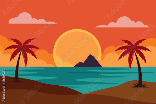 Tropical sunset scene illustration with vibrant color. Palm tree and peaceful sea line 