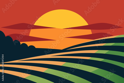 Sunset over the farmland creating a beautiful landscape