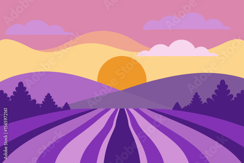 A sunset over a lavender field with a tranquil landscape