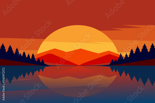 A scenic view of the sunset reflecting in the water, with mountains and trees silhouetted against the vibrant sky