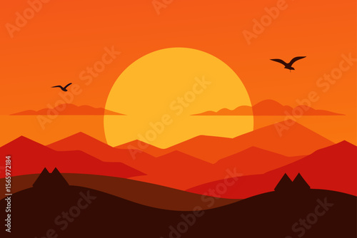 A picturesque sunset over rolling mountains with birds flying in the distance
