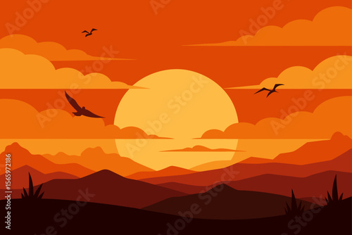 A stunning sunset over mountain landscape, with a few birds flying in the sky