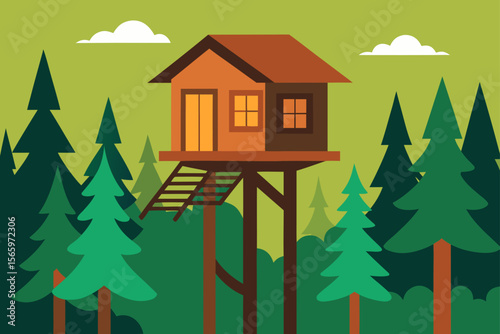 A charming treehouse nestled amongst tall, green trees, inviting adventure and a touch of childhood wonder. The treehouse has a rustic, inviting design and is surrounded by nature.