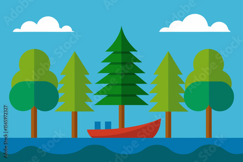 Serene Lakeside Escape Boat among the Pines, Tranquil Nature Illustration
