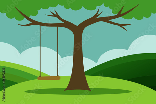 Serene Swinging Underneath the Tree Peaceful Landscape Illustration