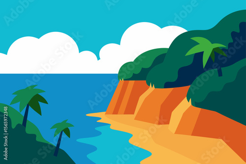 Serene Coastal Cliffs Tropical Paradise Beach Scene Illustration