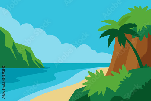 Serene Tropical Beach Landscape Palm Trees, Ocean, and Mountains