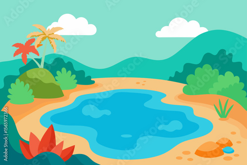 Serene Tropical Lagoon Palm Trees, Lush Greenery, and Tranquil Waters