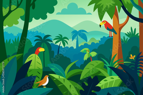 Lush Rainforest Vibrant Tropical Birds and Exotic Flora Illustration
