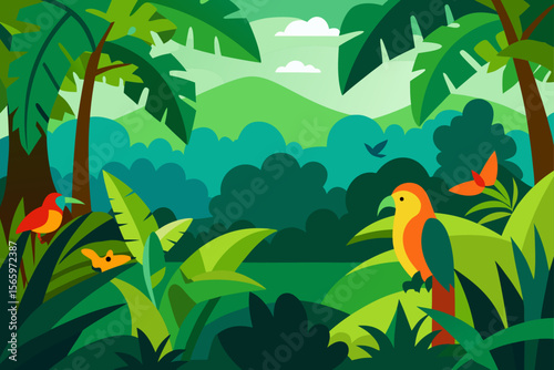 Vibrant Tropical Rainforest Birds, Parrot, Lush Greenery, Exotic Paradise