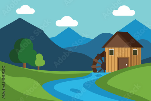 Serene Mountain Landscape with Watermill Idyllic Rural Scene