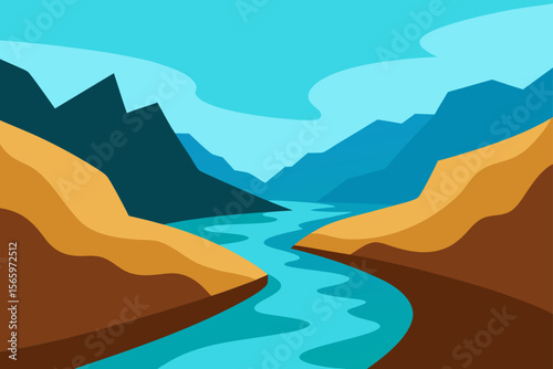 Serene River Valley A Picturesque Mountain Landscape Illustration