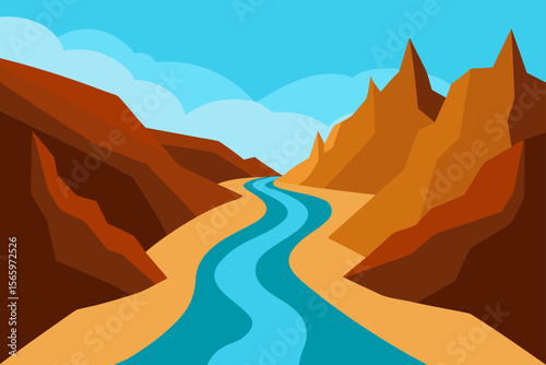 Serene River Winding Through Majestic Mountains A Breathtaking Landscape Illustration