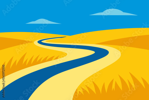 Serene River Winding Through Golden Fields A Peaceful Landscape Illustration