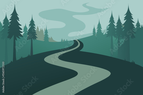 Serene Winding Road Through Evergreen Forest A Peaceful Nature Escape