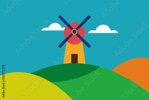 Charming Windmill on Rolling Hills A Vibrant Landscape Illustration