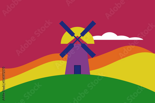 Sunset Vista Serene Windmill Landscape Illustration