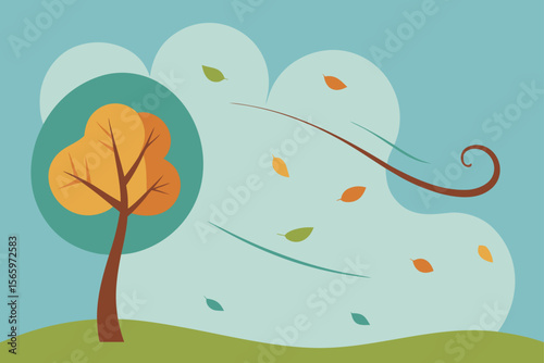 Autumn Breeze Whimsical Illustration of a Tree and Falling Leaves in a Gentle Wind