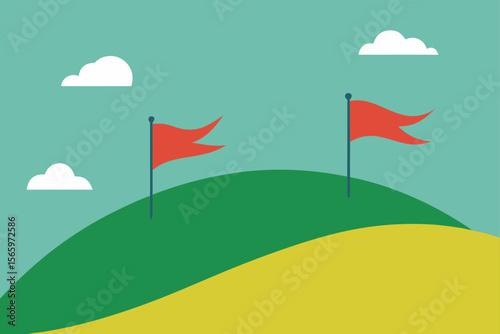 Reaching the Summit Achieving Goals with Flags on Hilltop Illustration