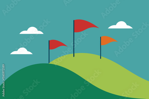 Reaching the Peak  Flags on Hilltop Illustrating Goals and Success