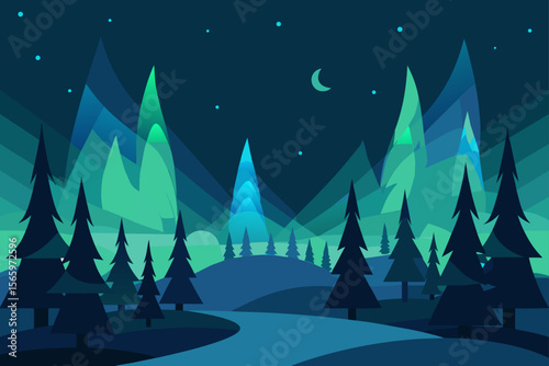 Enchanted Night Mountains, Forest, and Starry Sky - A Serene Landscape Illustration