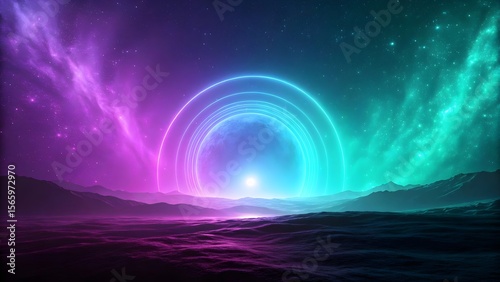 Spectacular Cosmic Aurora Landscape with Glowing Energy Rings Mystical Purple Green Space Fantasy Background Perfect for Futuristic Digital Art generative ai