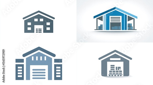 Four different warehouse icon designs showcasing storage capabilities, isolated on white