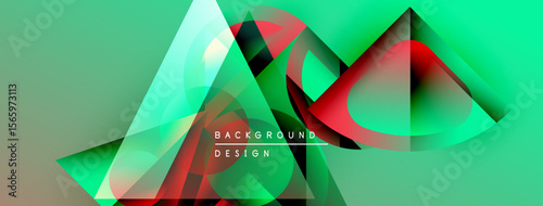 Abstract geometric shapes overlap, creating vibrant green, red gradients. Modern design elements suggest dynamic visual experience.