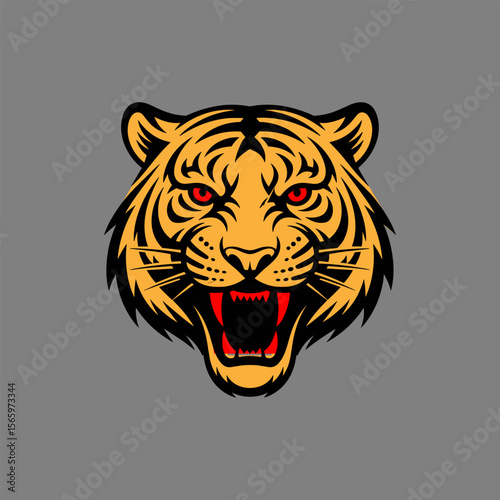 Angry Tiger Head Vector Illustration – Red Eyes Wild Cat Mascot on Dark Background

