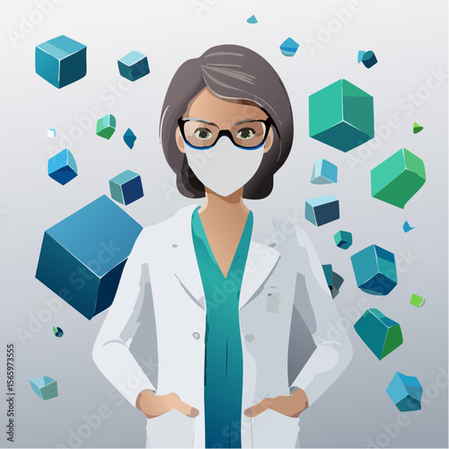 A photoreal vector collage of a scientist in a lab coat and goggles surrounded by floating steel-blue cubes. Clean paper-cut design with tech-forward visual tone.