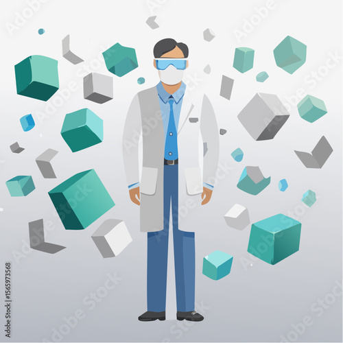 A photoreal vector collage of a scientist in a lab coat and goggles surrounded by floating steel-blue cubes. Clean paper-cut design with tech-forward visual tone.