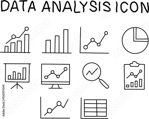 Collection of data analysis line icons including graphs, charts, pie charts, magnifying glass, monitor, and tables. Ideal for business, analytics, and reports.