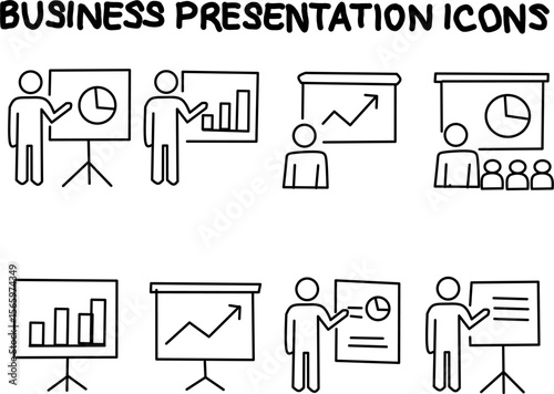Collection of business presentation line icons showing people, charts, and graphs on screens. Ideal for meetings, reports, strategy, and data visualization.